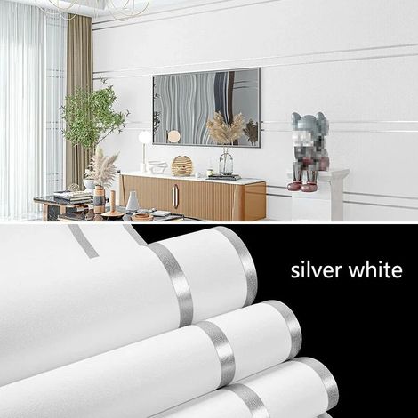 Papier peint intissé (blanc, 53 cm x 9,5 m) moderne et minimaliste pour salon, idéal comme fond de télévision ou décoration murale. (1/4)