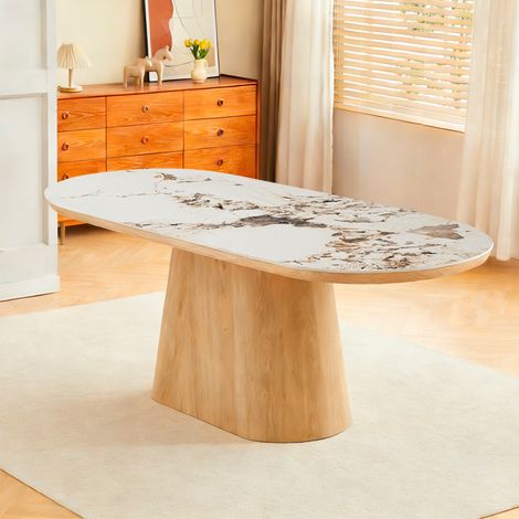 Tavolo Ovale Nordico 200x100 con Piano Effetto Marmo Bianco Arabesque e Base Rovere Naturale – Design Elegante (1/5)