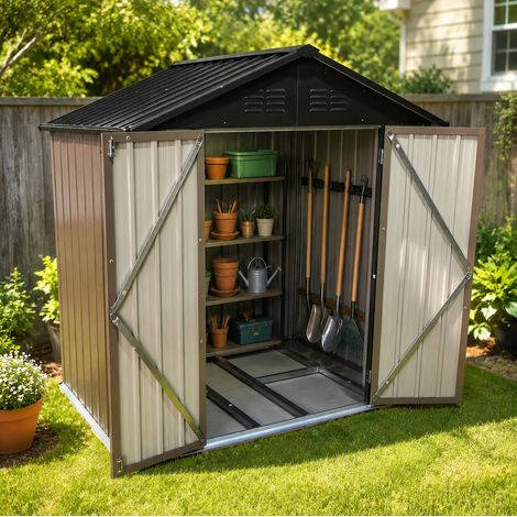 MODFU – Casetas de jardín de metal 178x118x191,5 cm con techo inclinado, doble puerta y ventilación – Marrón (1/5)