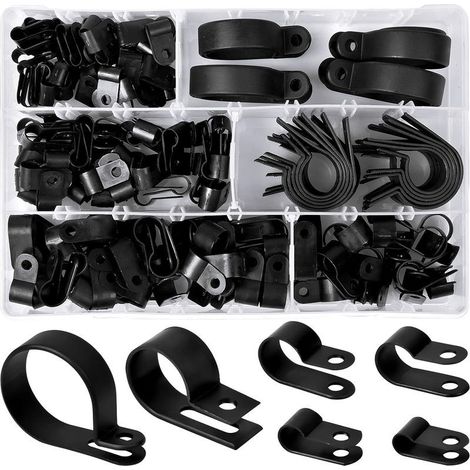 200 Stück Pinces en Plastique en Nylon R Clips Colliers de Fixation de Tubes, 6 Tailles 3/16'' 1/4'' 3/8'' 1/2'' 3/4'' 11/8'' Attaches pour Conduits, Câbles, Gaines (Noir) (1/5)