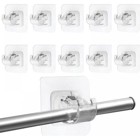 Lote de 10 soportes para barra de cortina sin perforación, transparentes y autoadhesivos (barra no incluida) (1/5)
