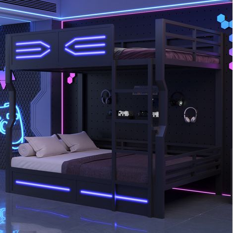 Letto a castello 140x200 cm nero in metallo e MDF con scala integrata, LED e sponde di sicurezza (1/5)