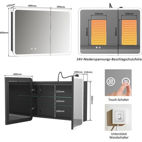 WDWRITTI Schwarz Spiegelschrank Bad mit Beleuchtung 80x60cm Komplett Vormontiert Spiegelschrank mit Beleuchtung Badezimmerschrank mit Spiegel Hängeschränke Medizin Kabinett mit 3 Einstellbare Lichtfar (1/5)