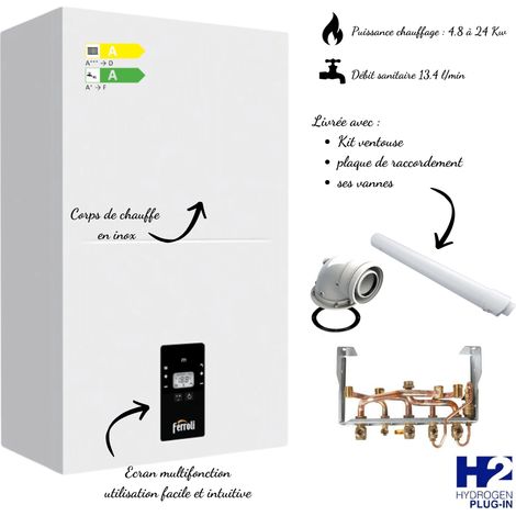 Ferroli – Chaudière gaz à condensation 24 kW – Débit sanitaire 13,4 l/min – Rendement 109,7 % – Compatible gaz naturel et propane (1/5)