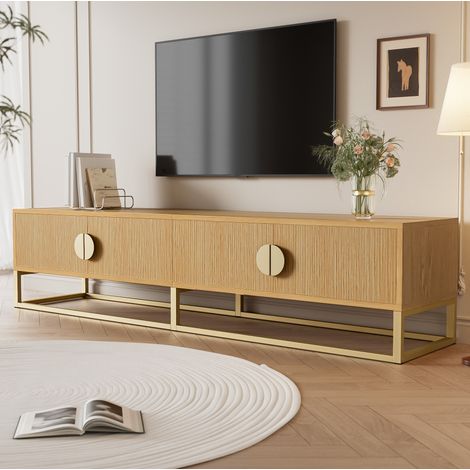 Mueble TV 180 cm con veta madera, 4 puertas, tiradores semicirculares (1/5)