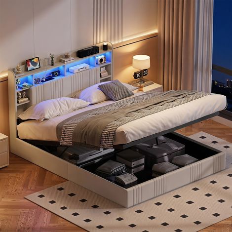 Polsterbett 140x200 cm - Stauraumbett aus leinen weiß mit lattenrost kopfteil regale rgb led und usb-c ladefunktion für erwachsene (1/5)