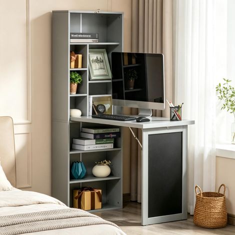 Bureau mural rabattable avec étagère et tableau, table murale multifonction, bureau suspendu pour petits espaces et télétravail (1 pièce comprise) (1/5)