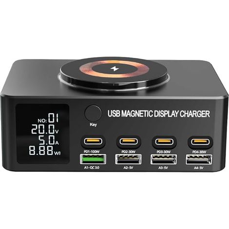 Chargeur intelligent multifonctionnel de l'affichage magnétique 140W, 8+1 port USB C avec 100W PD, QC3.0, chargeur sans fil magnétique, Écran LCD (1/5)