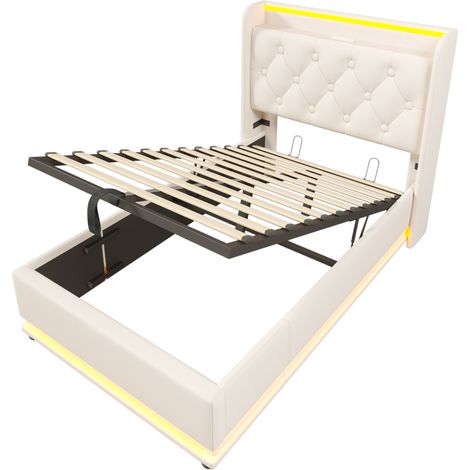 Letto contenitore singolo 90 x 200 cm in PU bianco con LED 360°, testiera trapuntata, USB e USB-C (1/5)