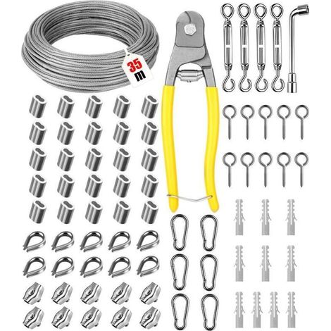 3mm 35m Corde en Acie Kit, Inoxydable 304 Câble en Acier, Suspendre fil à linge avec Tendeur Crochet, Cable Acier PVC Enrobage pour Plante Grimpante, Corde a Linge, Suspension Lumineuse (1/4)