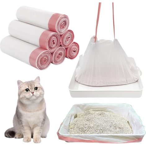 6 rouleaux de sacs à litière, rouleau de 10, grands sacs à litière jetables avec cordon de serrage, pour approvisionnement en déchets de chat (91 x 45 cm) (1/5)