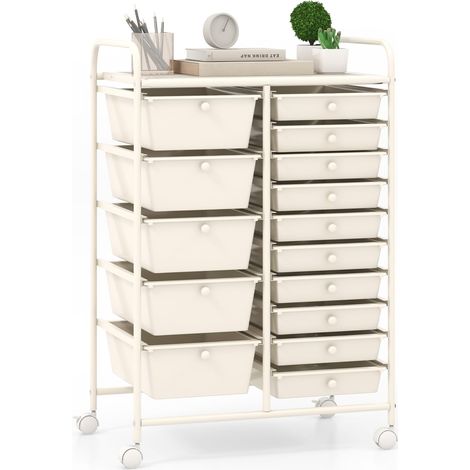 Carrello portaoggetti in PP con 15 cassetti, torre portaoggetti con ruote, struttura in metallo, per scuola, ufficio, 63 x 37 x 87 cm, Bianco (1/5)
