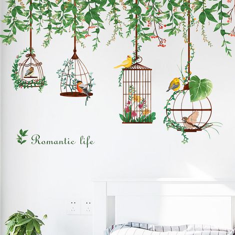 Autocollant Murale Fleur Plante Vigne Oiseau Cage - 95 x 62 cm - Décor Mural Chambre Salon Chambre Enfant - 2 Sets (1/5)