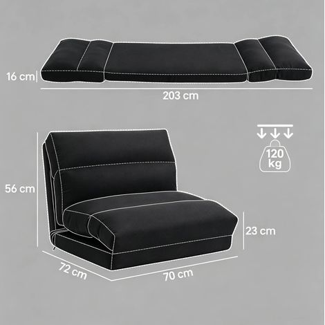 Sillón de suelo convertible 70 x 72 x 56 cm, reclinable 90° a 180°, negro HAVRYA (1/5)