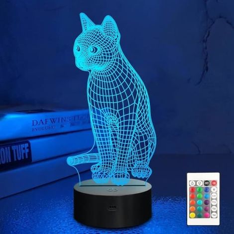 SABIR-Veilleuse chat 3D, lampe à illusion 3D pour enfants, 16 couleurs changeantes avec télécommande (1/5)