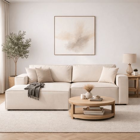 Schlafsofa aus beigem Stoff - mit Stauraum - linksseitig - 260 x