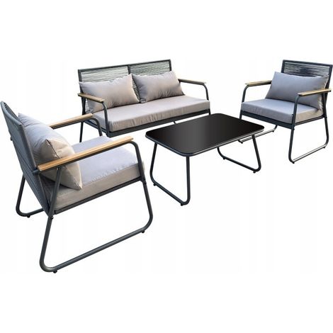 Ensemble de mobilier de jardin : canapé, 2 fauteuils et une table noire (1/5)
