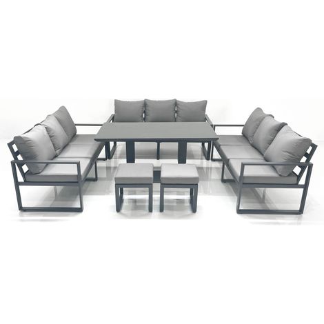 Fimous 11 Seater Garden Sofa Set Aluminium Furniture Rising Dining Tabe Set wth 2 Small Footstools Dark Grey (1/5)