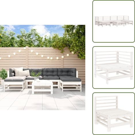 7-tlg. Garten-Lounge-Set Weiß Massivholz Kiefer - Gartensessel - Gartenloungeseset - Holzsessel - Rattan Sessel - Outdoor Möbel (1/5)