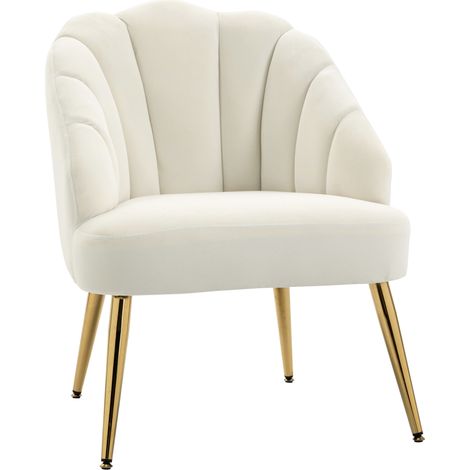 Poltrona in Velluto Imbottita con Schienale a Conchiglia e Gambe in Acciaio per Camera e Salotto, 63x65x84cm, Crema