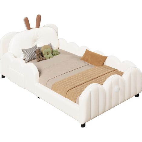 Lit plateforme enfant rembourré 90x200 avec tête de lit coussin lapin, beige, barrière de sécurité, bois et MDF, pour chambre d’enfant – CHICFURN (1/5)