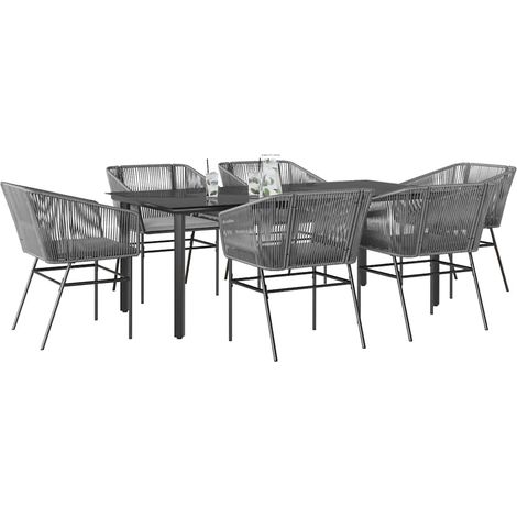 Ensemble à manger jardin coussins 7 pcs-Salon de jardin gris poly rotin verre 449418 (1/5)