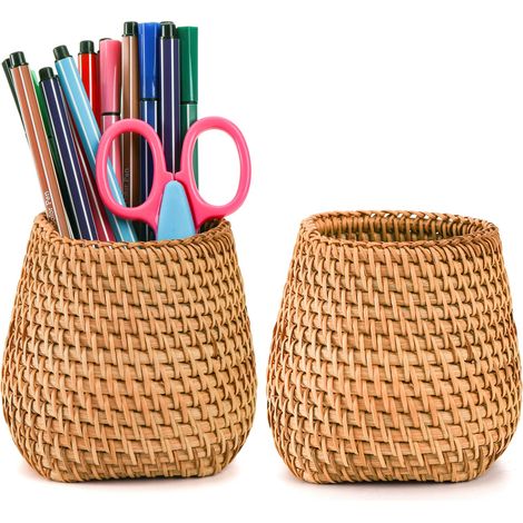 Penneholder - Rotan - Torenvormig - 8 cm Diamètre - 10 cm Hauteur - Bureau - Bureau Organisation - Set de 2 (1/5)