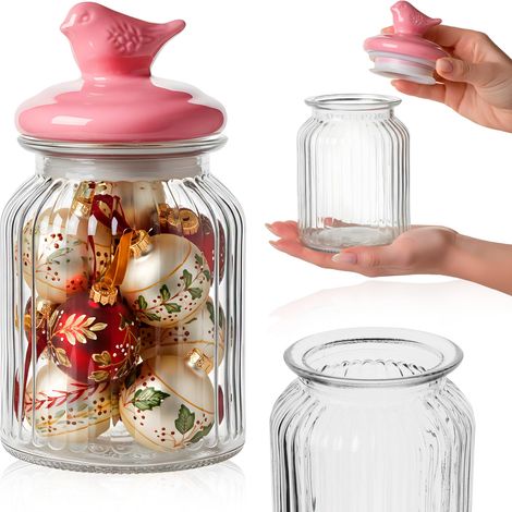 Contenitore in vetro da 1 litro con coperchio in ceramica (decorazione con uccelli)
