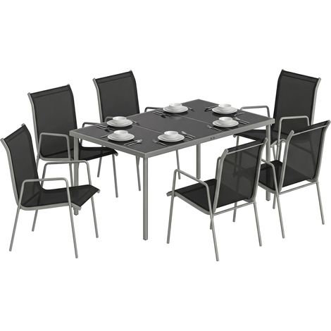 Salon de jardin - ensemble table et chaises jardin - Outsunny - 6 personnes chaises empilables plateau verre trempé - métal - argent