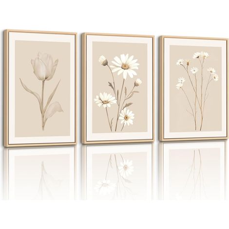Toile Peinture Encadrée, Bohème Fleurs Beige Blanche Tableau Decoration Murale, Florales Minimaliste Peinture pour Decoration Murale Salon Maison Deco Chambre 30x40cmx3 (1/5)