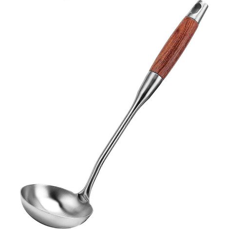 Louche à soupe longue en acier inoxydable 304 avec manche en bois résistant à la chaleur, idéale pour les soupes, les ragoûts et les sauces, 35 cm (13,8 pouces). (1/5)