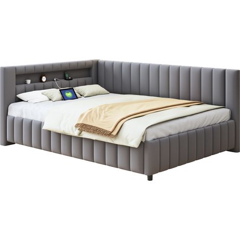 Canapé-lit 140x200 cm avec LED multicolore et port USB, gris, tissu velours, sans matelas - FLORAGRACE (1/5)
