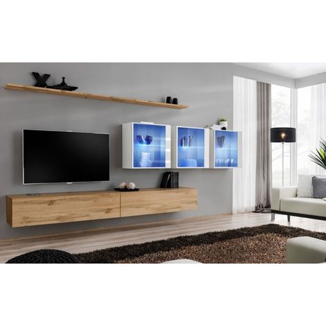 Ensemble mural - Switch XVII - 3 vitrines LED - 2 banc TV - 2 étagères - Bois et blanc - Modèle 1 - Livraison gratuite