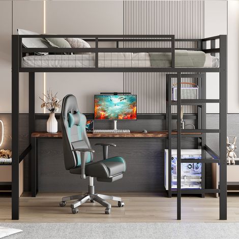 Lit mezzanine, 140 x 200 cm, structure en fer, plusieurs étagères, bureau avec prise électrique, avec port USB type C, barrière de sécurité, échelle, sans matelas, noir (1/5)