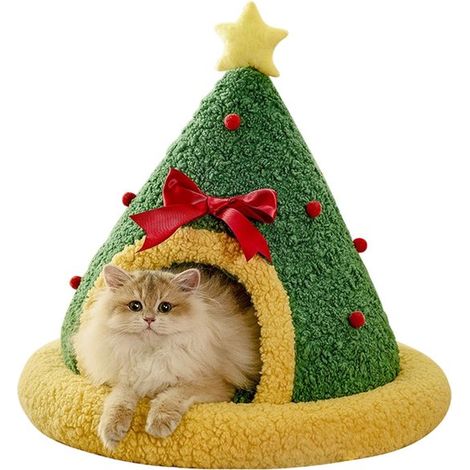 Cama navideña de invierno para gatos, Cama con forma de árbol de Navidad para gatos, Cama portátil de interior para gatos, 484847,5 cm, Verde (1/5)