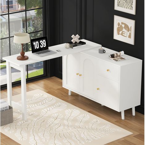 Escritorio giratorio 120x40x74.5 cm blanco en tablero de partículas con aparador 2 en 1 (1/5)