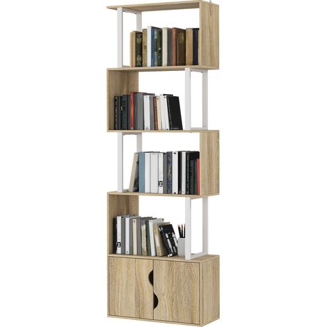 Bibliothèque 5 niveaux meuble rangement étagères porte double 179,2x60x23,8 cm bois naturel