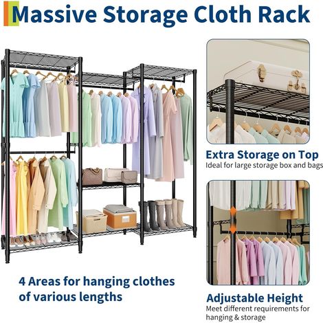 Portant à vêtements robuste modulable – 4 tringles & étagères réglables – grand capacité pour chambre ou dressing – Métal noir – Système 3 combinaisons (2x3x2 étages) (1/5)