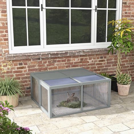 Clapier pliable pour lapins nains avec enclos, en bois gris, 110 x 105 x 50 cm HAVRYA (1/4)