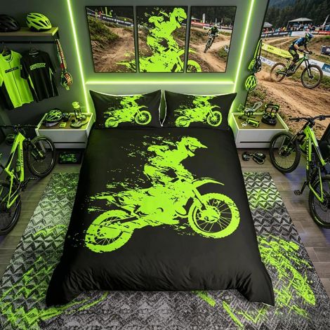 Ensemble de literie Motocross pour filles, garçons, enfants, thème sports extrêmes, housse de couette, Dirt Bike, vert-noir, linge de lit et linge de maison, taille double, 3 pièces (1/4)