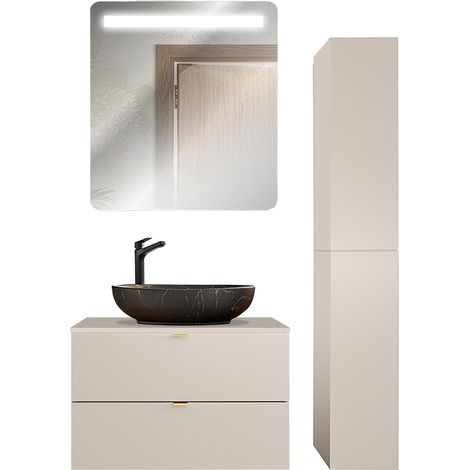 Badmöbel Set 3-teilig mit 80 cm Waschtisch & LED-Spiegel, in Beige - DURANGO-56 (1/5)