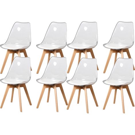 8 Chaises Tulipes Salle à Manger Scandinaves Bm Home Salle de Bureau, Pieds Bois de Hêtre Massif, Transparente, Assise Blanche (1/5)
