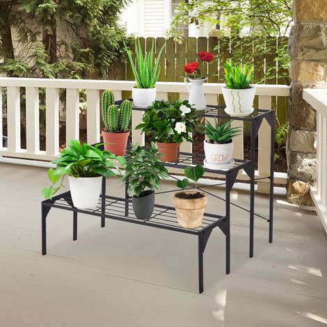 Étagère à plantes 3 niveaux en métal noir, structure renforcée et résistante, avec motif rétro, pour patio, salon et balcon (1/5)