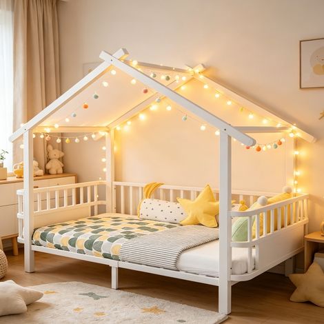 Kinderbett Hausform 90x200 cm mit Rausfallschutz, stabiles Metallbett Hausbett mit Dachdesign und Sicherheitsgitter, Weiß (1/5)