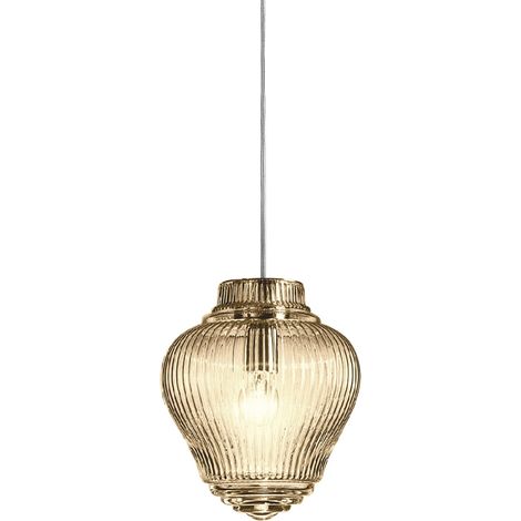 Clyde Lampada a sospensione in vetro soffiato color Ambra con lavorazione rigadin e struttura in metallo grigio, diametro 23 cm, altezza 315 cm