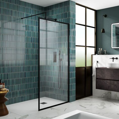 Nuie Full Outer Framed Wetroom Screen 700mm W x 1850mm H with Support Bar 8mm Glass - Matt Black (1/4)