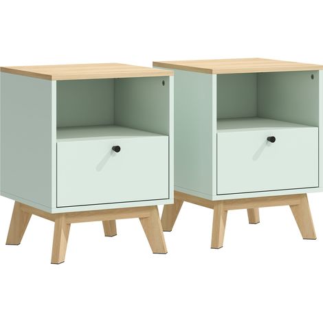 Lot de 2 tables de chevet 40 x 40 x 55 cm tiroir et étagère ouverte plateau effet chêne moderne scandinave en MDF vert 210003791 (1/5)