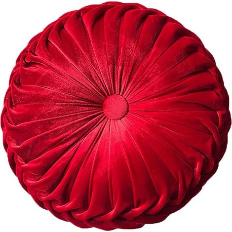 Coussin rond en velours plissé rouge (1/3)