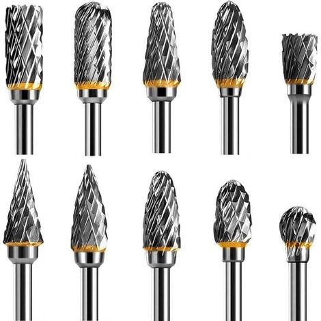 ZVD-Jeu de Fraises Rotatives Acier Carbure de Tungstène Double Tranchant pour Outil rotatif, 10 pièces Tige 1/8” pour Outil Rotatif pour Bricolage, Sculpture sur bois, Polissage métaux, Gravure, Perça (1/4)