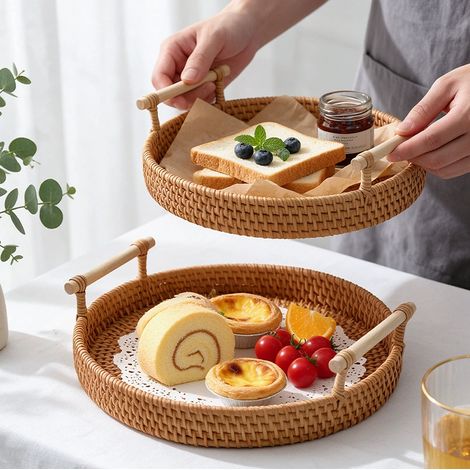 Nouveau plateau rond en rattan véritable tressé à la main, plateau à thé à deux anses, corbeille à fruits, corbeille à pain, corbeille à snacks et à fruits secs, corbeille de rangement (1/5)